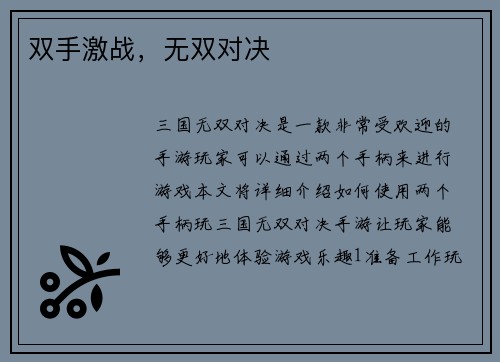 双手激战，无双对决